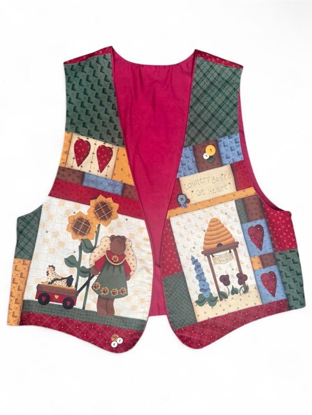 Country Bears Folk Art Patchwork Vest Cotton hearts bees sunflowers
